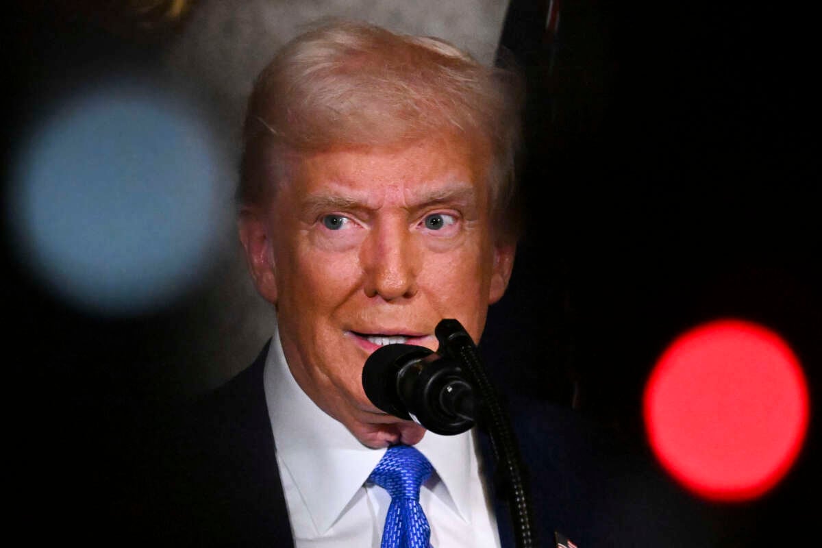 U.S. President Donald Trump speaks during signing of executive orders at his Mar-a-Lago resort in Palm Beach, Florida, on February 18, 2025.