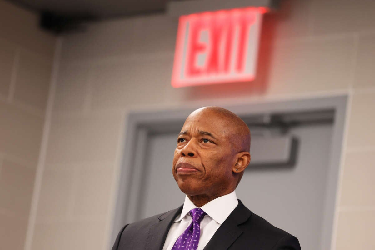 New York Mayor Eric Adams stands silently during a press conference at NYPD's 40th Precinct on February 20, 2025, in New York City.