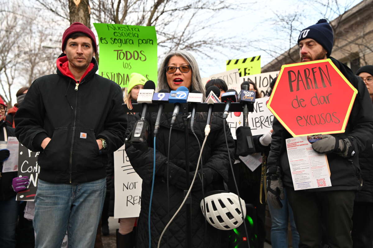 Educators hold walk-ins with parents and students to say "no" to Trump’s attacks on Black history, immigrant students, LGBTQIA+ rights and public education in Chicago, Illinois, on February 4, 2025.