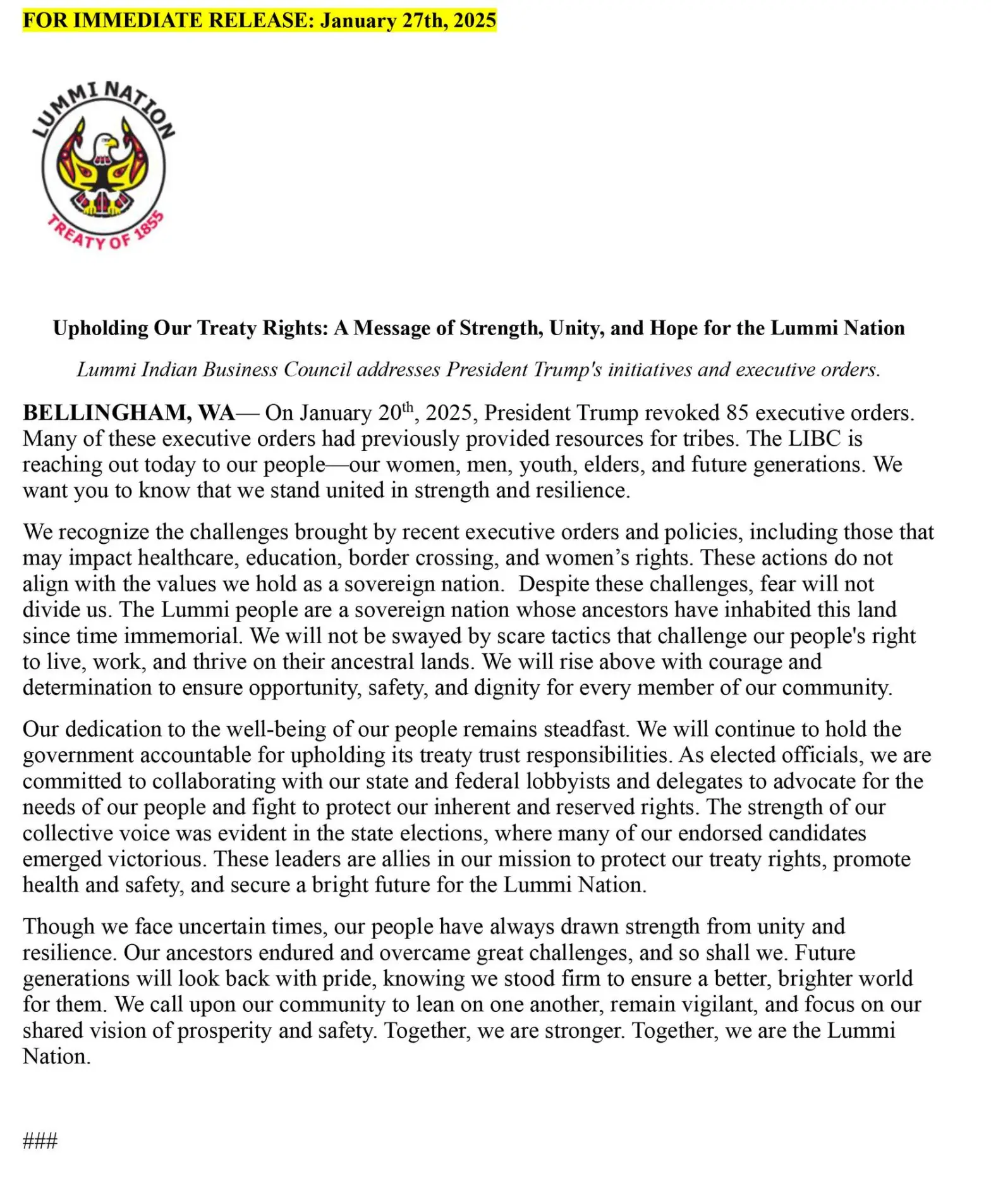 The Lummi Indian Business Council issued a statement on January 27 in response to Donald Trump’s executive orders.