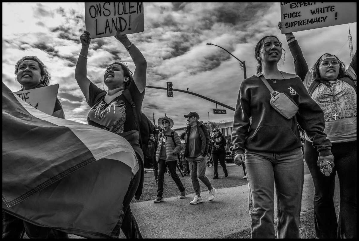 These photos capture protests against ICE and Trump’s threats of mass deportation in February 2025, in San Mateo and Fort Bragg, California.