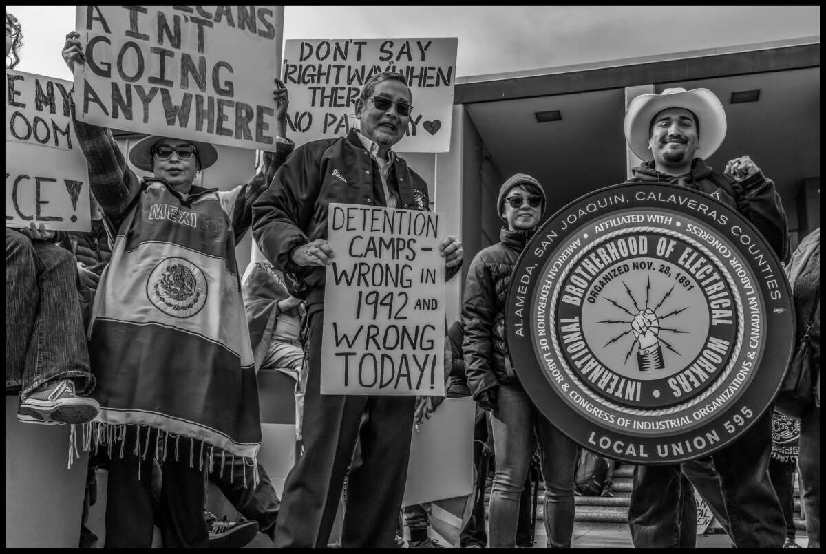 These photos capture protests against ICE and Trump’s threats of mass deportation in February 2025, in San Mateo and Fort Bragg, California.