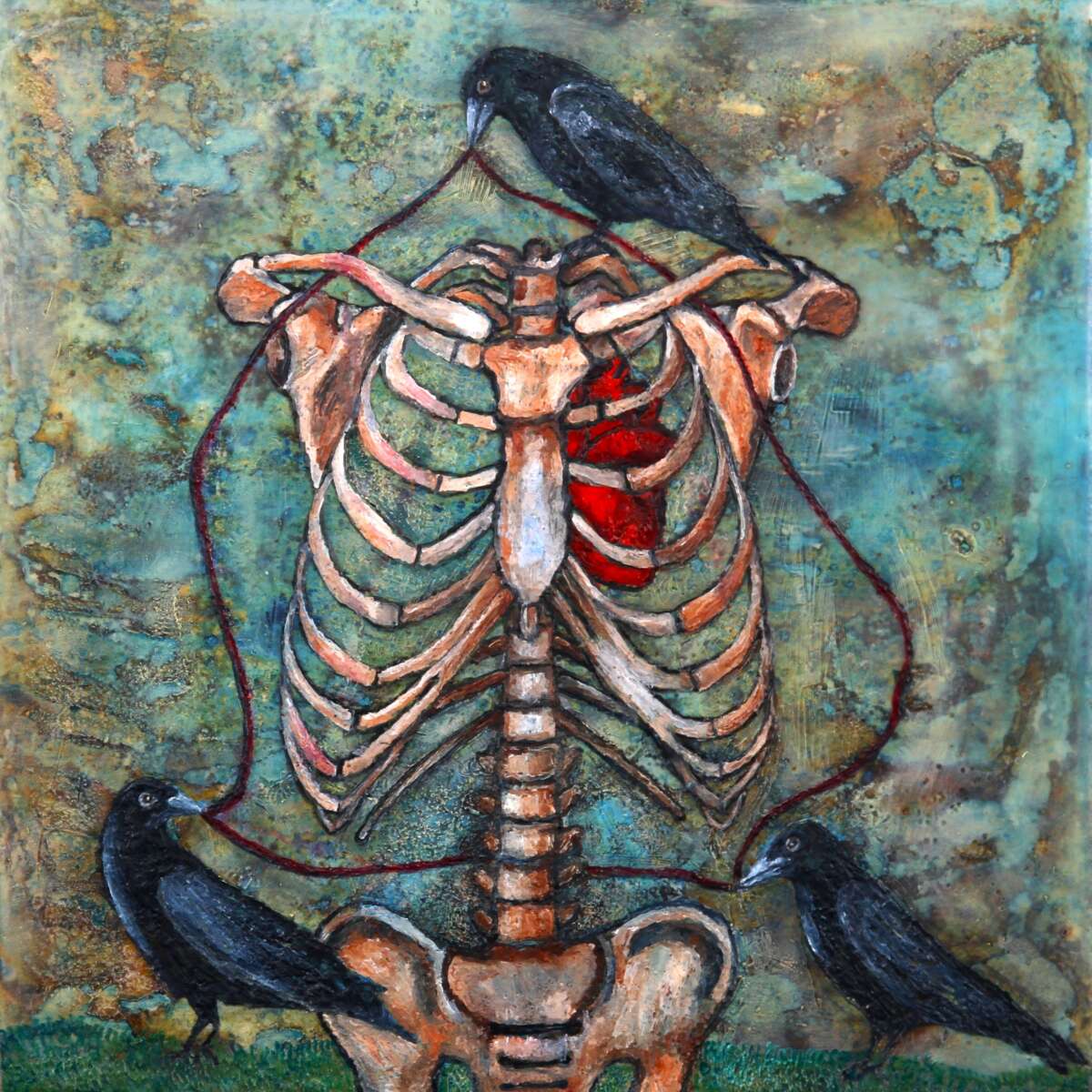 A painting of a skeleton with the heart intact surrounded by three crows each holding the same string in their beaks