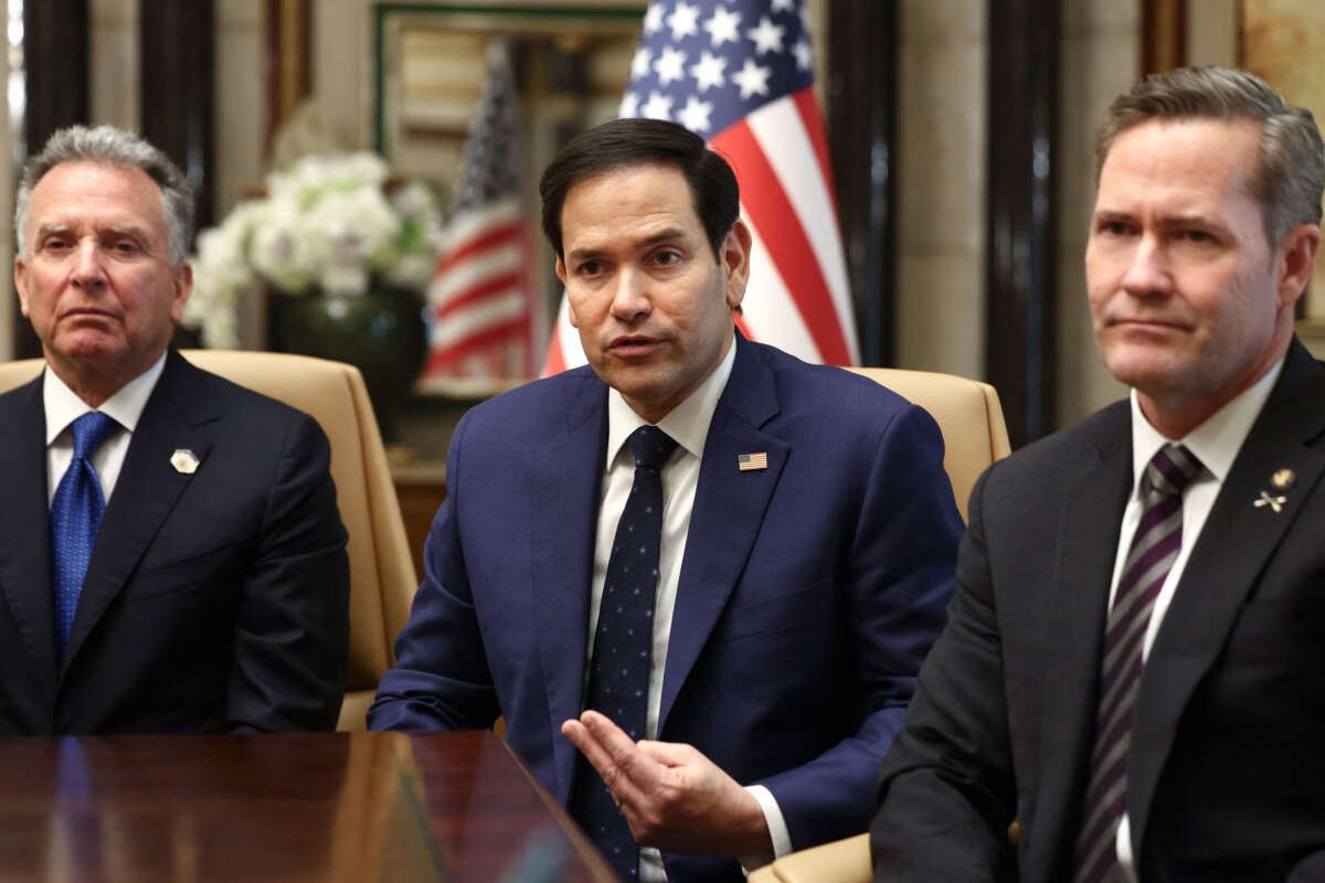 Secretary of State Marco Rubio (center), National Security Advisor Mike Waltz (right) and Middle East envoy Steve Witkoff attend an interview after meeting with Russian Foreign Minister Sergei Lavrov and Russian President Vladimir Putin's foreign policy advisor Yuri Ushakov, at Diriyah Palace, in Riyadh, Saudi Arabia, on February 18, 2025.