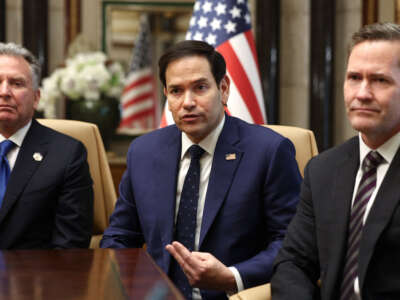 Secretary of State Marco Rubio (center), National Security Advisor Mike Waltz (right) and Middle East envoy Steve Witkoff attend an interview after meeting with Russian Foreign Minister Sergei Lavrov and Russian President Vladimir Putin's foreign policy advisor Yuri Ushakov, at Diriyah Palace, in Riyadh, Saudi Arabia, on February 18, 2025.