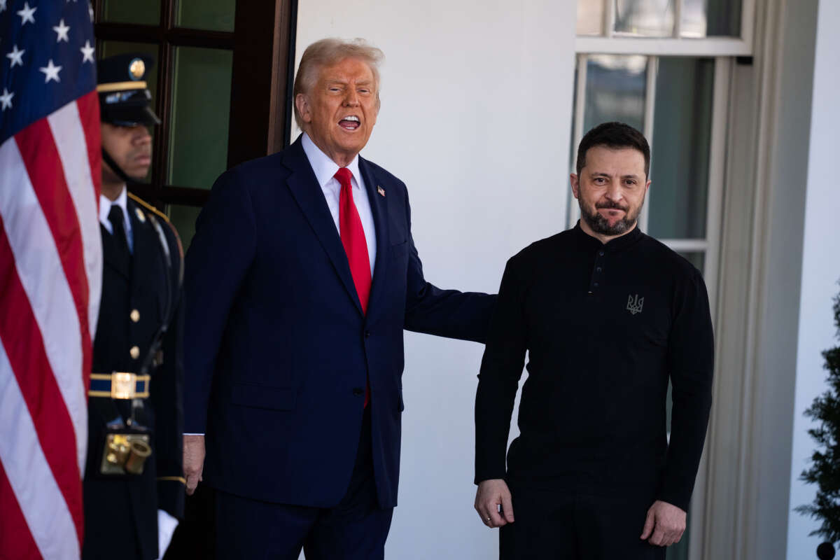 President Donald Trump greets Ukrainian President Volodymyr Zelenskyy at the White House before a meeting to discuss negotiations to end the war with Russia, on February 28, 2025.