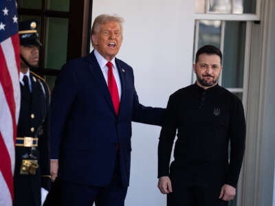 President Donald Trump greets Ukrainian President Volodymyr Zelenskyy at the White House before a meeting to discuss negotiations to end the war with Russia, on February 28, 2025.