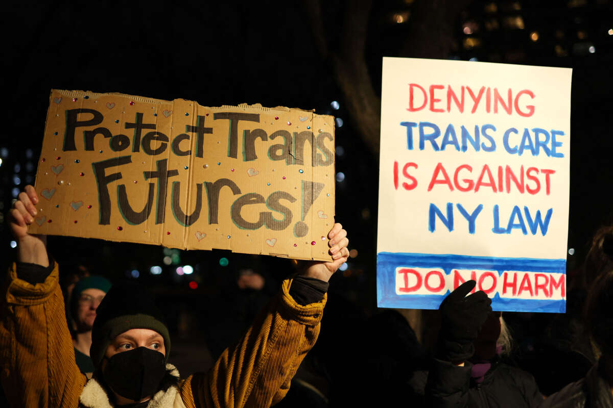 People gather to defend trans rights in New York City on February 3, 2025.