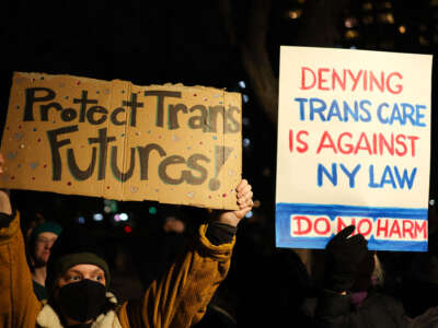 People gather to defend trans rights in New York City on February 3, 2025.