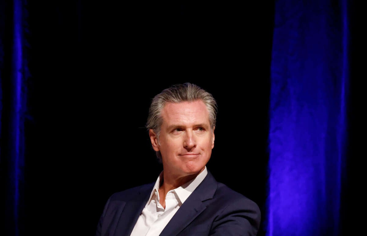 California Gov. Gavin Newsom looks on before speaking at East Los Angeles College on February 26, 2025, in Monterey Park, California.