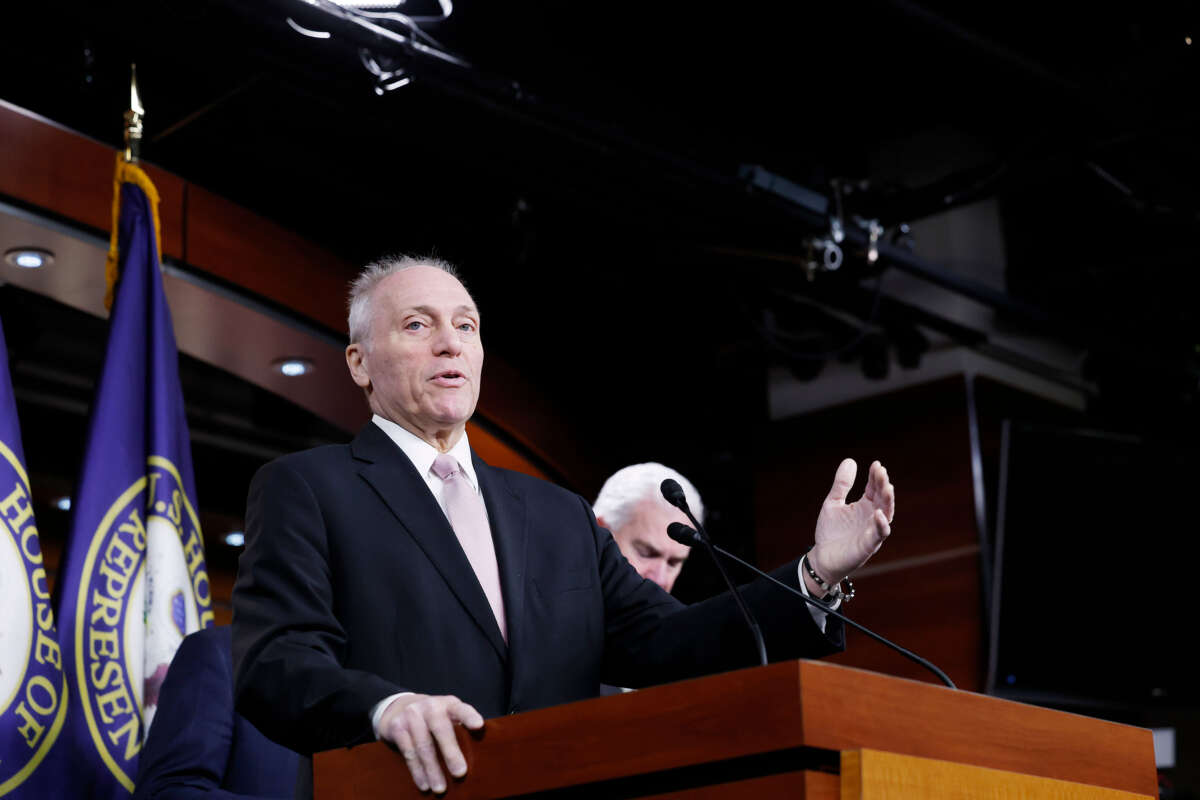 House Majority Leader Steve Scalise speaks during a news conference after the House Republican Conference meeting at the U.S. Capitol Building on February 11, 2025, in Washington, D.C.