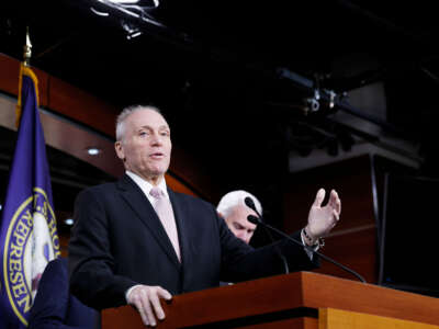 House Majority Leader Steve Scalise speaks during a news conference after the House Republican Conference meeting at the U.S. Capitol Building on February 11, 2025, in Washington, D.C.