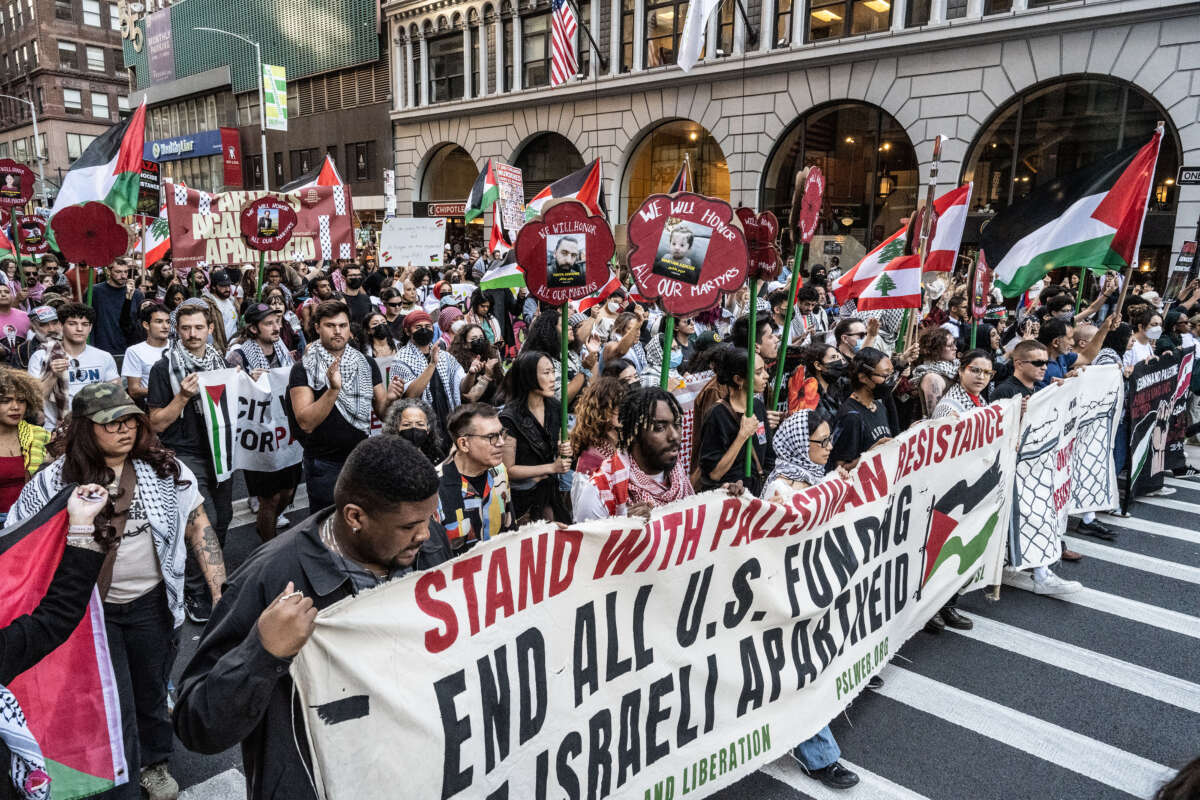 Pro-Palestinian protesters rally in support of Gaza and Lebanon in Times Square on October 5, 2024, in New York City.