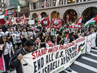 Pro-Palestinian protesters rally in support of Gaza and Lebanon in Times Square on October 5, 2024, in New York City.