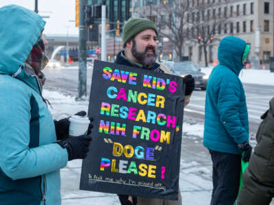 A protester holds a sign reading "SAVE CHILDREN'S CANCER RESEARCH FROM 'DOGE' PLEASE... and ask me why I'm pissed off" during an outdoor protest