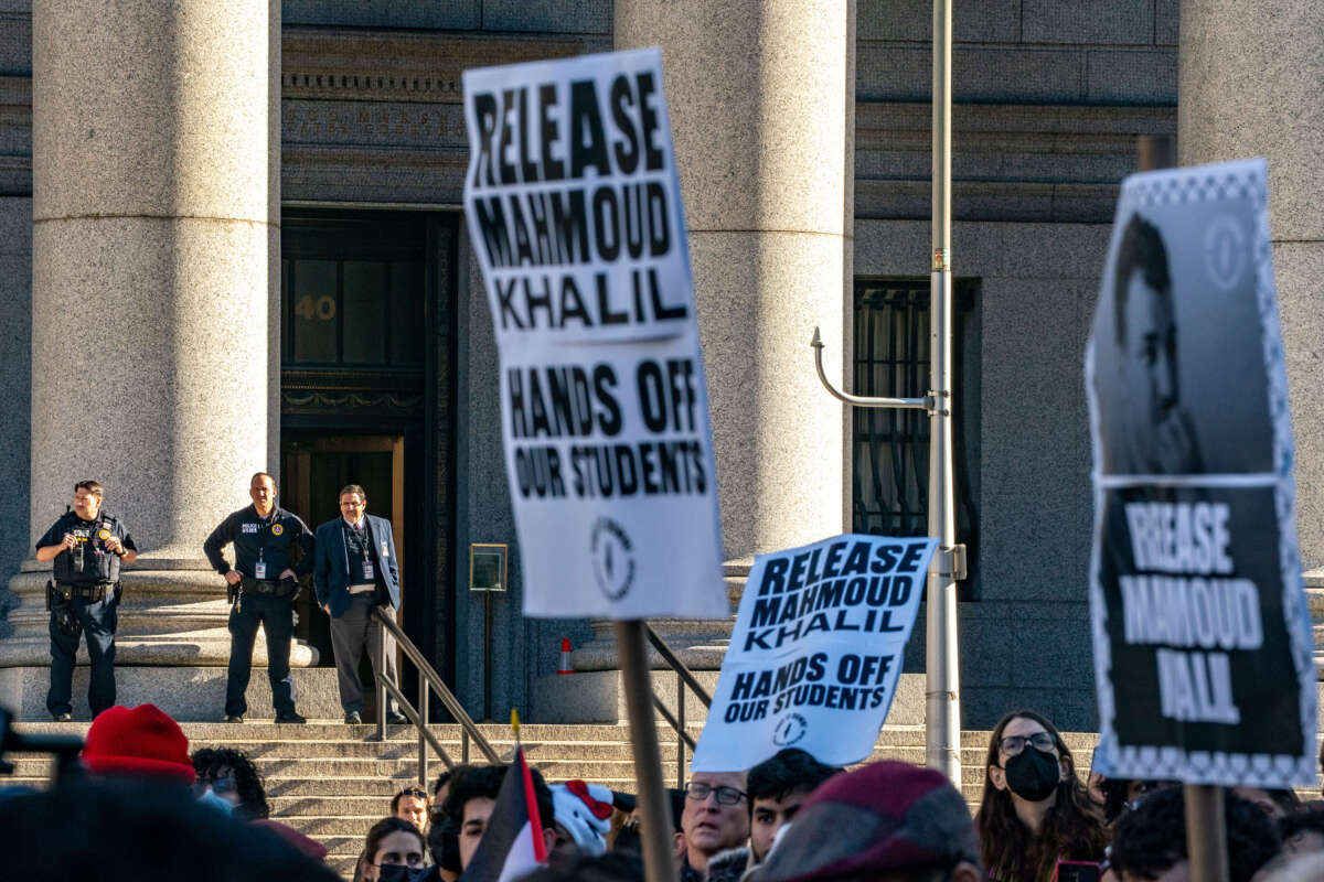 Court officers watch protestors gathered to demand the release of Mahmoud Khalil at Foley Square on March 10, 2025, in New York City.