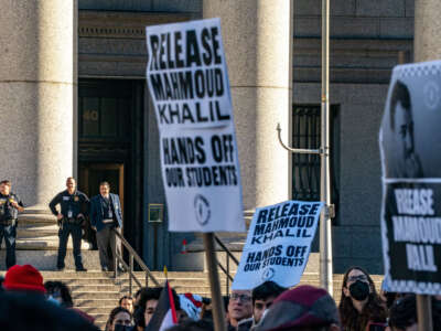 Court officers watch protestors gathered to demand the release of Mahmoud Khalil at Foley Square on March 10, 2025, in New York City.