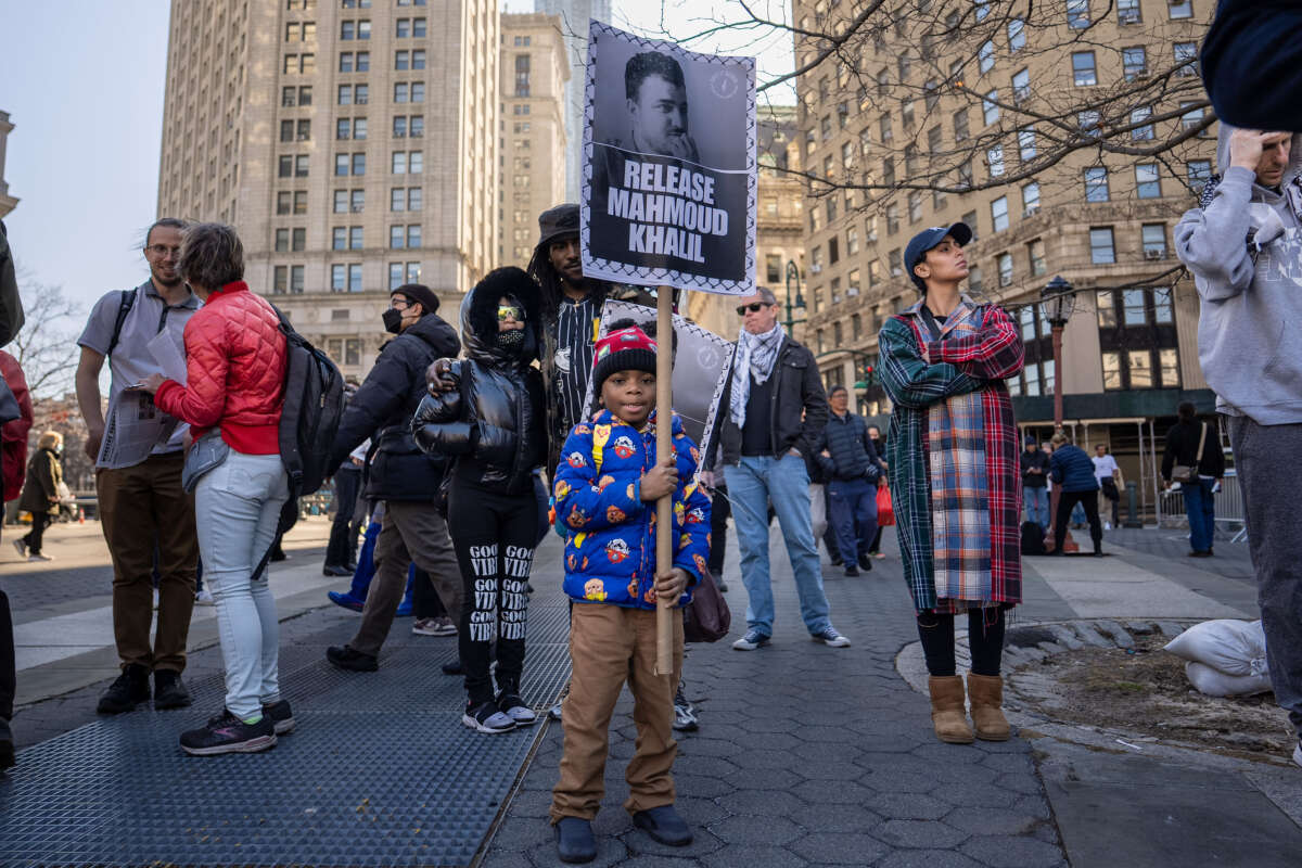 A child holds a sign calling the release of Mahmoud Khalil at Foley Square on March 10, 2025, in New York City.