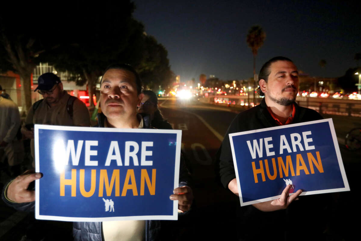 Demonstrators march in support of immigrant rights and against the mass deportations on the streets of Los Angeles as part of International Day of Action and Solidarity with Migrants on December 18, 2024, in Los Angeles, California.