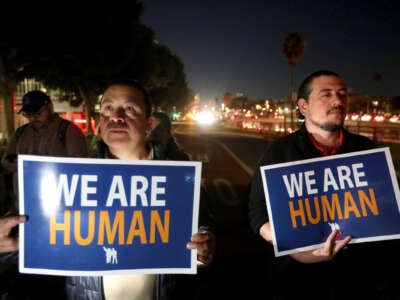 Demonstrators march in support of immigrant rights and against the mass deportations on the streets of Los Angeles as part of International Day of Action and Solidarity with Migrants on December 18, 2024, in Los Angeles, California.