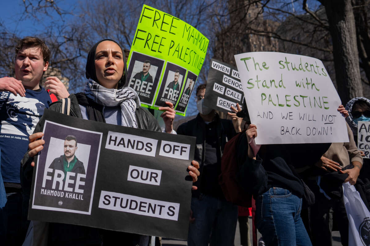 Protestors march to demand the release of Mahmoud Khalil on March 11, 2025, in New York City.