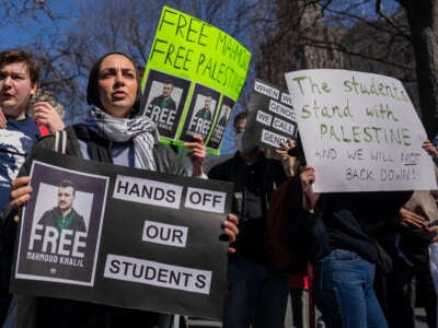 Protestors march to demand the release of Mahmoud Khalil on March 11, 2025, in New York City.