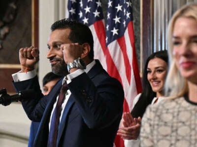 U.S. Attorney General Pam Bondi (right) swears in Kash Patel as FBI Director in the Indian Treaty Room at the Eisenhower Executive Office Building in Washington D.C., On February 21, 2025.