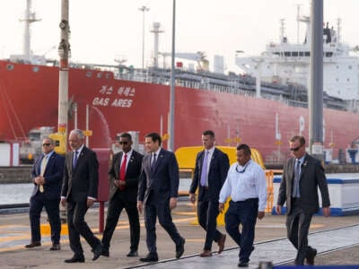 U.S. Secretary of State Marco Rubio (fourth from the left) talks to Panama Canal Authority Administrator Ricaurte Vásquez Morales (second from the left) during a tour at the Miraflores locks of the Panama Canal in Panama City on February 2, 2025.