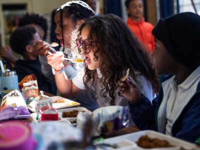 Fourth-graders eat lunch at Heather Hills Elementary School in Bowie, Maryland, on October 22, 2024.