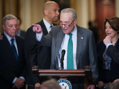 Senate Minority Leader Chuck Schumer speaks during a press conference following a policy luncheon at the U.S. Capitol on March 11, 2025, in Washington, D.C.