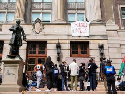 Pro-Palestinian student protesters gather on the front steps of Hamilton Hall at Columbia University in New York City, on April 30, 2024.