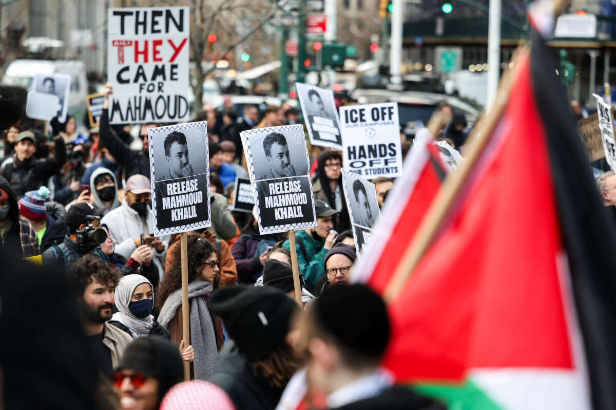 Protesters rally in support of Mahmoud Khalil outside of the Thurgood Marshall Courthouse, where a hearing is underway regarding Khalil's arrest, in New York City, on March 12, 2025.