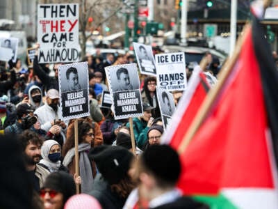 Protesters rally in support of Mahmoud Khalil outside of the Thurgood Marshall Courthouse, where a hearing is underway regarding Khalil's arrest, in New York City, on March 12, 2025.