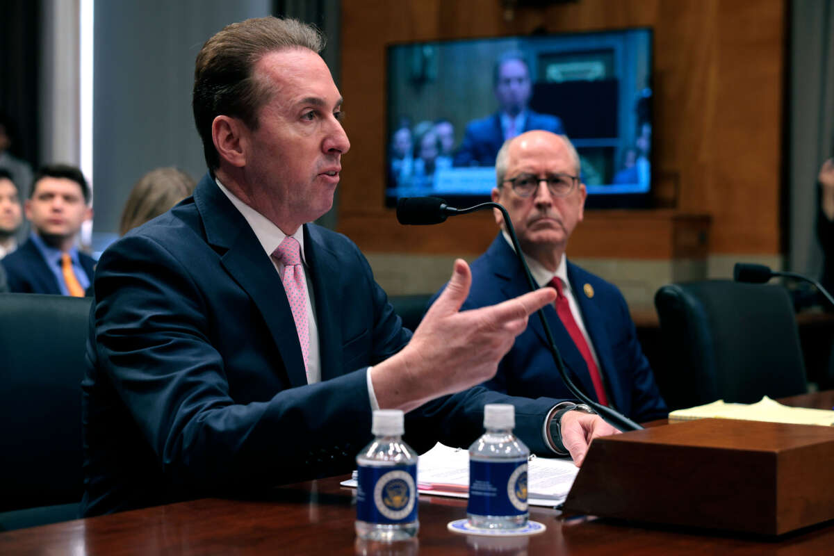 Troy Edgar (left), nominee to be the next Deputy Secretary of Homeland Security; and Rep. Dan Bishop, nominee to be the next Deputy Director of the Office of Management and Budget, testify during their confirmation hearing before the Senate Homeland Security and Governmental Affairs Committee in the Dirksen Senate Office Building on Capitol Hill on February 25, 2025, in Washington, D.C.