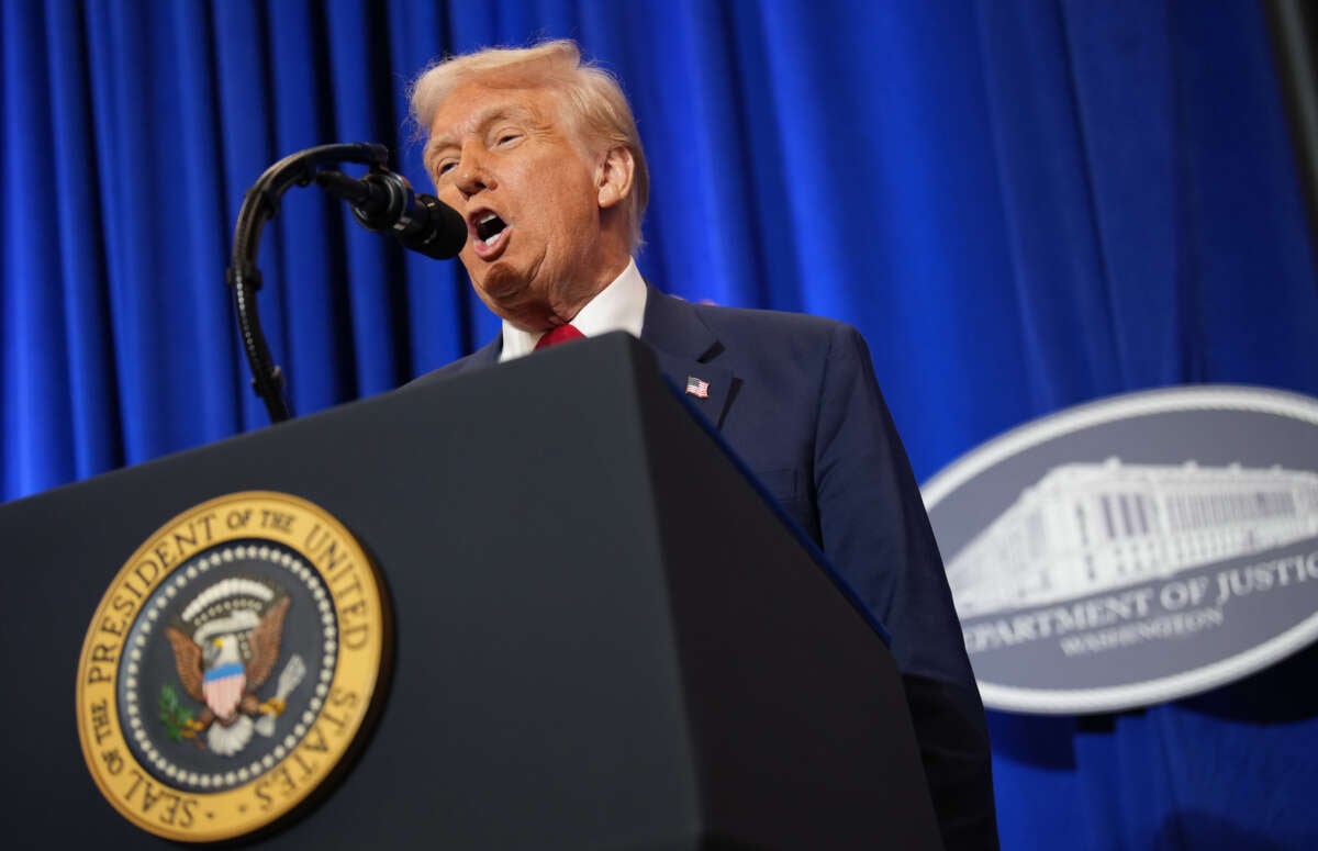 President Donald Trump speaks at the Justice Department on March 14, 2025, in Washington, D.C.