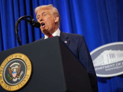 President Donald Trump speaks at the Justice Department on March 14, 2025, in Washington, D.C.