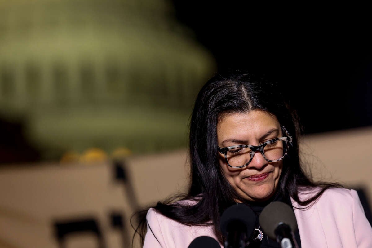 Rep. Rashida Tlaib looks down as she speaks at a news conference to call for a ceasefire in Gaza outside the U.S. Capitol building on November 13, 2023, in Washington, D.C.