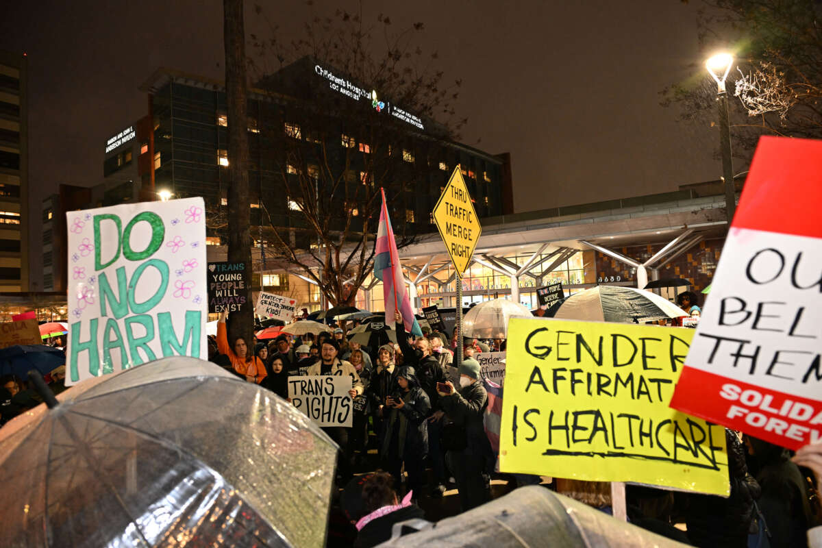 Supporters of transgender youth demonstrate outside Children's Hospital Los Angeles in the wake of President Donald Trump's executive order threatening to pull federal funding from health care providers who offer gender-affirming care to children, on February 6, 2025.