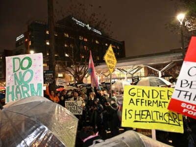 Supporters of transgender youth demonstrate outside Children's Hospital Los Angeles in the wake of President Donald Trump's executive order threatening to pull federal funding from health care providers who offer gender-affirming care to children, on February 6, 2025.