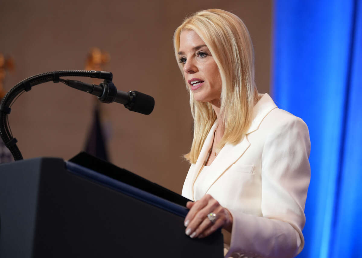 Attorney General Pam Bondi speaks at the Justice Department March 14, 2025, in Washington, D.C.