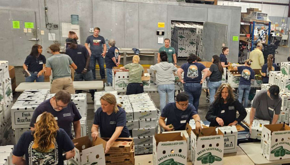 People prepare harvest food boxes as part of the work of Appalachian Sustainable Development.