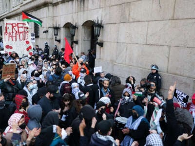 Pro-Palestine activist demonstrate in front of Columbia University in support of Mahmoud Khalil, in New York on March 14, 2025.