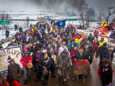 Indigenous Water Protectors and other environmental activists protest the Dakota Access Pipeline (DAPL) in North Dakota on February 22, 2017.