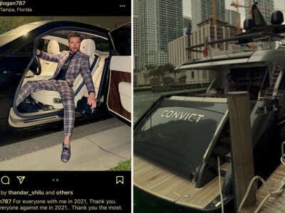 Left: Jon Logan poses in his Rolls-Royce. Right: The Convict is harbored in a marina in downtown Miami.