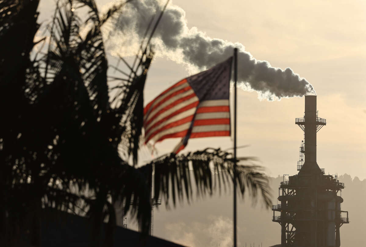 An American flag flies near the Phillips 66 Los Angeles Refinery Wilmington Plant on November 19, 2024, in Wilmington, California.