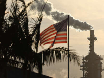 An American flag flies near the Phillips 66 Los Angeles Refinery Wilmington Plant on November 19, 2024, in Wilmington, California.