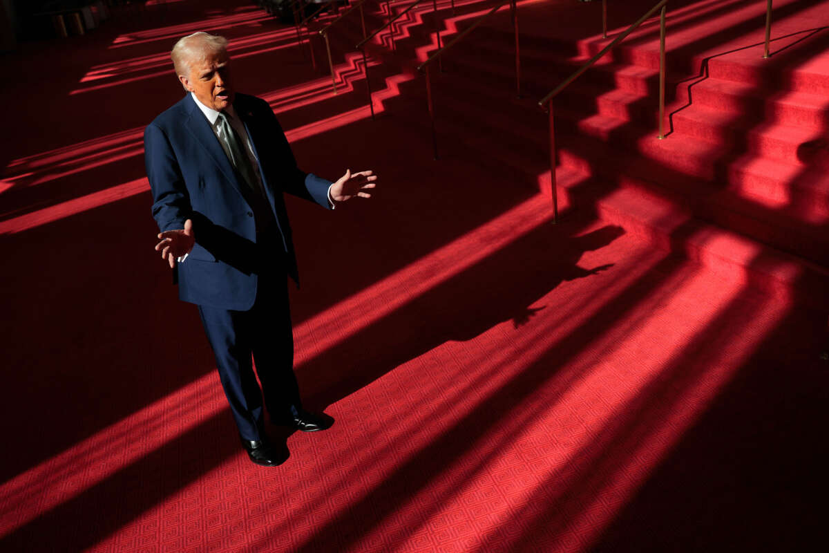 President Donald Trump talks to the media in the Grand Foyer during a tour at the John F. Kennedy Center for the Performing Arts after leading a board meeting on March 17, 2025, in Washington, D.C.