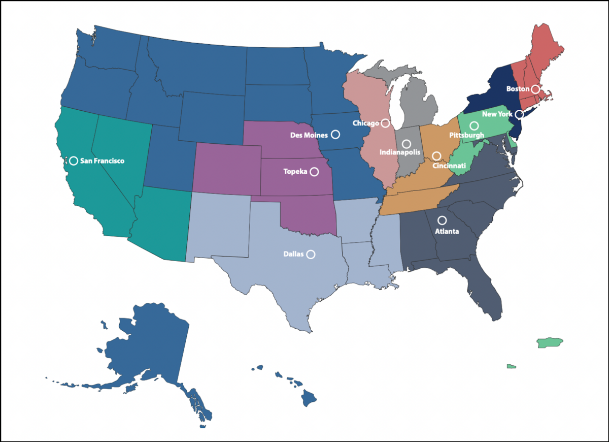 A map of the 11 regional banks and the states they serve. 