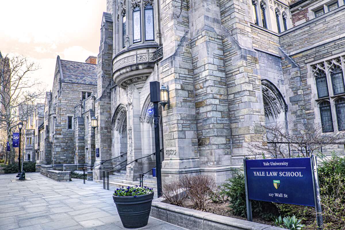 An exterior view of the Sterling Law Building, which houses Yale Law School at Yale University in New Haven, Connecticut.