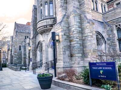 An exterior view of the Sterling Law Building, which houses Yale Law School at Yale University in New Haven, Connecticut.